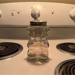 Clear Bear-Shaped Glass Jar with Straw
